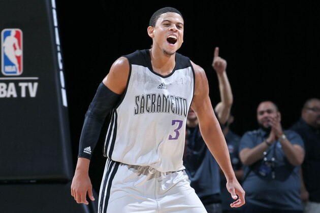LAS VEGAS, NV - JULY 21: Ray McCallum #3 of the Sacramento Kings reacts to a play during a game against the Houston Rockets during the Samsung NBA Summer League 2014 on July 21, 2014 at the Thomas & Mack Center in Las Vegas, Nevada. NOTE TO USER: User expressly acknowledges and agrees that, by downloading and or using this photograph, User is consenting to the terms and conditions of the Getty Images License Agreement. Mandatory Copyright Notice: Copyright 2014 NBAE (Photo by Jack Arent/NBAE via Getty Images)