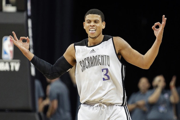 Sacramento Kings' Ray McCallum reacts after scoring a three point shot against the Houston Rockets during the NBA summer league championship basketball game Monday, July 21, 2014, in Las Vegas. (AP Photo/John Locher)