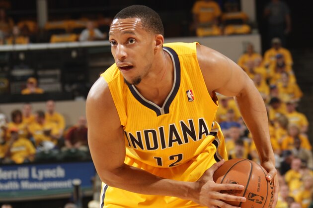 INDIANAPOLIS - APRIL 19: Evan Turner #12 of the Indiana Pacers looks on against the Atlanta Hawks in the East Conference Quarter Finals at Bankers Life Fieldhouse on April 19, 2014 in Indianapolis, Indiana.  NOTE TO USER: User expressly acknowledges and agrees that, by downloading and or using this Photograph, user is consenting to the terms and condition of the Getty Images License Agreement. Mandatory Copyright Notice: 2014 NBAE  (Photo by Ron Hoskins/NBAE via Getty Images)