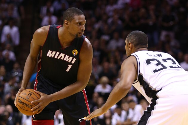 SAN ANTONIO, TX - JUNE 15: Chris Bosh #1 of the Miami Heat looks to pass as Boris Diaw #33 of the San Antonio Spurs defends during Game Five of the 2014 NBA Finals at the AT&T Center on June 15, 2014 in San Antonio, Texas. NOTE TO USER: User expressly acknowledges and agrees that, by downloading and or using this photograph, User is consenting to the terms and conditions of the Getty Images License Agreement.  (Photo by Andy Lyons/Getty Images)