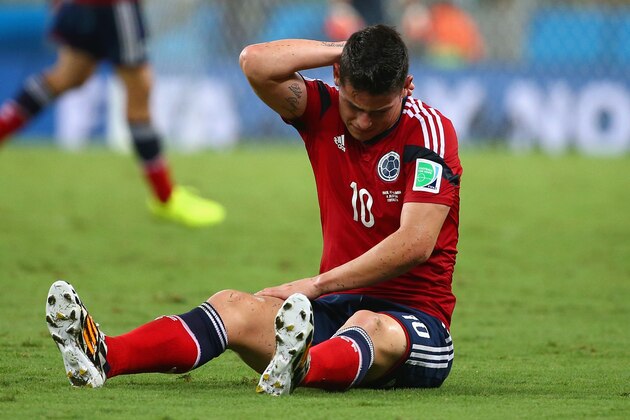 FORTALEZA, BRAZIL - JULY 04:  James Rodriguez of Colombia reacts during the 2014 FIFA World Cup Brazil Quarter Final match between Brazil and Colombia at Castelao on July 4, 2014 in Fortaleza, Brazil.  (Photo by Robert Cianflone/Getty Images)
