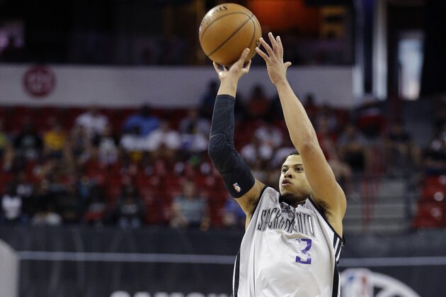 Sacramento Kings' Ray McCallum shoots a three point shot against the Houston Rockets during the NBA summer league championship basketball game Monday, July 21, 2014, in Las Vegas. (AP Photo/John Locher)