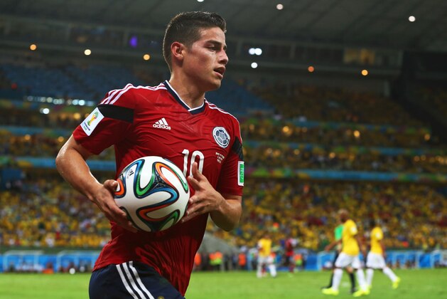 FORTALEZA, BRAZIL - JULY 04:  James Rodriguez of Colombia celebrates scoring his team's first goal on a penalty kick during the 2014 FIFA World Cup Brazil Quarter Final match between Brazil and Colombia at Castelao on July 4, 2014 in Fortaleza, Brazil.  (Photo by Robert Cianflone/Getty Images)