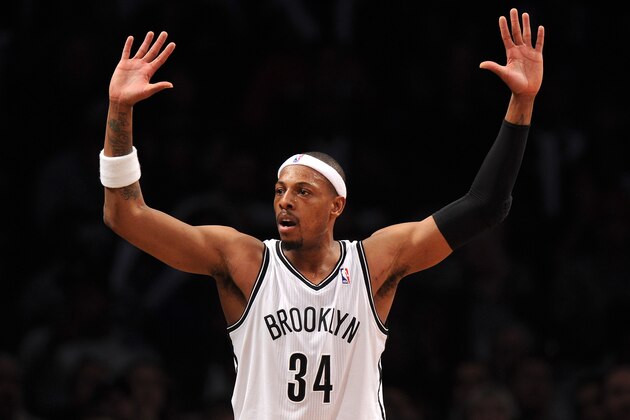 NEW YORK, NY - DECEMBER 18: Paul Pierce #34 of the Brooklyn Nets disputes a call in the second half against the Washington Wizards at Barclays Center on December 18, 2013 in the Brooklyn borough of New York City. The Wizards defeat the Nets 113-107. NOTE TO USER: User expressly acknowledges and agrees that, by downloading and/or using this photograph, user is consenting to the terms and conditions of the Getty Images License Agreement. (Photo by Maddie Meyer/Getty Images) NEW YORK, NY - DECEMBER 18: Paul Pierce #34 of the Brooklyn Nets disputes a call in the second half against the Washington Wizards at Barclays Center on December 18, 2013 in the Brooklyn borough of New York City. The Wizards defeat the Nets 113-107. NOTE TO USER: User expressly acknowledges and agrees that, by downloading and/or using this photograph, user is consenting to the terms and conditions of the Getty Images License Agreement. (Photo by Maddie Meyer/Getty Images)