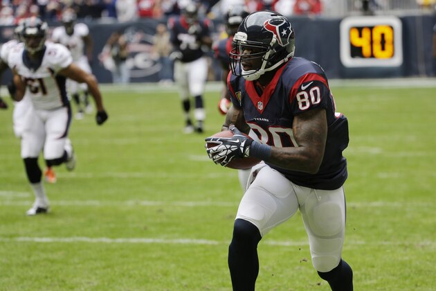 Houston Texans' Andre Johnson (80) advances the ball against the Denver Broncos after a reception during the first quarter of an NFL football game on Sunday, Dec. 22, 2013, in Houston. (AP Photo/David J. Phillip)