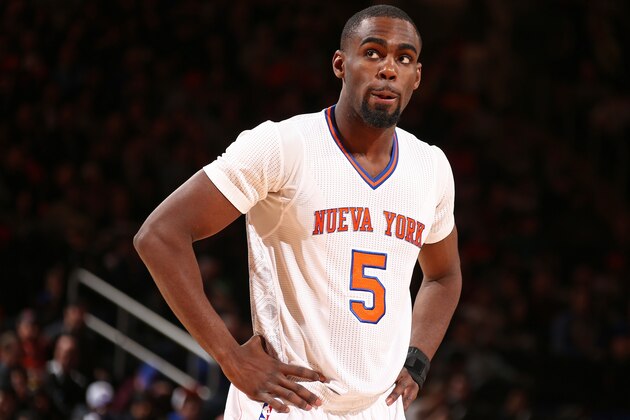 NEW YORK, NY - MARCH 23: Tim Hardaway Jr. #5 of the New York Knicks looks on during the game against the Cleveland Cavaliers at Madison Square Garden in New York City. NOTE TO USER: User expressly acknowledges and agrees that, by downloading and or using this photograph, User is consenting to the terms and conditions of the Getty Images License Agreement. Mandatory Copyright Notice: Copyright 2014 NBAE (Photo by Nathaniel S. Butler/NBAE via Getty Images)