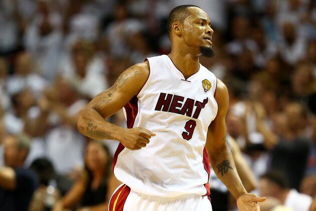 MIAMI, FL - JUNE 10:  Rashard Lewis #9 of the Miami Heat reacts after hitting a shot against the San Antonio Spurs during Game Three of the 2014 NBA Finals at American Airlines Arena on June 10, 2014 in Miami, Florida. NOTE TO USER: User expressly acknowledges and agrees that, by downloading and or using this photograph, User is consenting to the terms and conditions of the Getty Images License Agreement.  (Photo by Andy Lyons/Getty Images)