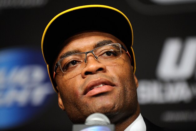 Anderson Silva looks on during the post fight news conference after his loss to Chris Weidman at a UFC 162 mixed martial arts middleweight championship bout Saturday, July 6, 2013, in Las Vegas. Weidman won with a second round TKO. (AP Photo/David Becker)