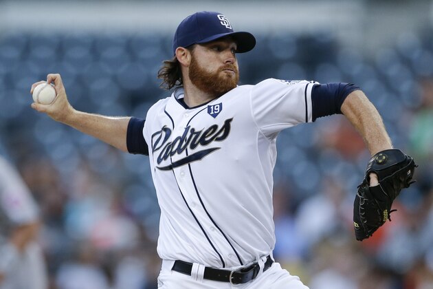 San Diego Padres starter Ian Kennedy pitches to a New York Mets batter during the first inning of a baseball game  Friday, July 18, 2014, in San Diego. (AP Photo/Gregory Bull)