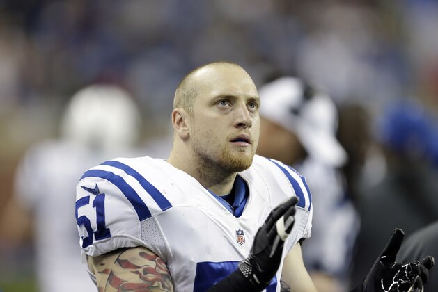 Indianapolis Colts linebacker Pat Angerer (51) is seen on the sidelines during the third quarter of an NFL football game against the Detroit Lions at Ford Field in Detroit, Sunday, Dec. 2, 2012. (AP Photo/Paul Sancya)
