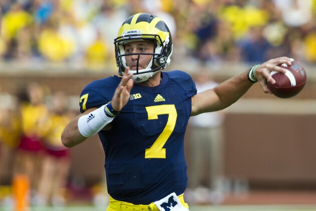Michigan quarterback Shane Morris (7) throws a pass in the third quarter of an NCAA college football game against Central Michigan, Saturday, Aug. 31, 2013, in Ann Arbor, Mich. Michigan won 59-9. (AP Photo/Tony Ding)