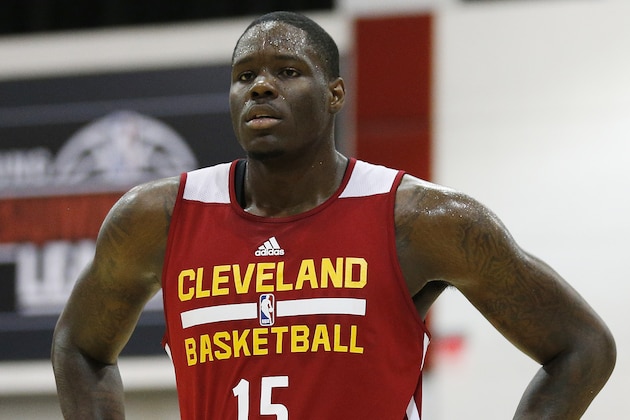Cleveland Cavaliers' Anthony Bennett reacts after a play against the Milwaukee Bucks in an NBA summer league basketball game Friday, July 11, 2014, in Las Vegas. (AP Photo/John Locher)