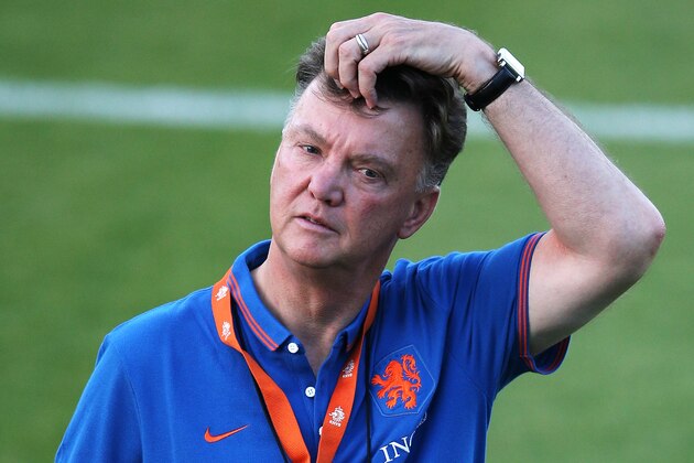 RIO DE JANEIRO, BRAZIL - JULY 06:  Head coach Louis van Gaal looks on during the Netherlands training session at the 2014 FIFA World Cup Brazil held at the Estadio Jose Bastos Padilha Gavea on July 6, 2014 in Rio de Janeiro, Brazil.  The Netherlands will play Argentina next in their semi final match.  (Photo by Dean Mouhtaropoulos/Getty Images)