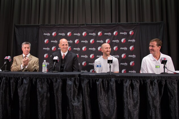 PORTLAND, OR - JULY 10: Newly signed Portland Trail Blazer players Chris Kaman and Steve Blake are introduced  to the media by General Manager Neil Olshey and Head Coach Terry Stotts July 10, 2014 at the Trail Blazer Practice Facility in Portland, Oregon. NOTE TO USER: User expressly acknowledges and agrees that, by downloading and or using this photograph, user is consenting to the terms and conditions of the Getty Images License Agreement. Mandatory Copyright Notice: Copyright 2014 NBAE (Photo by Sam Forencich/NBAE via Getty Images)