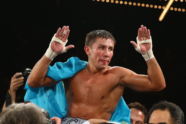 NEW YORK, NY - NOVEMBER 02:  Gennady Golovkin celebrates his eighth round TKO against Curtis Stevens after their WBA Middleweight Title fight at The Theater at Madison Square Garden on November 2, 2013 in New York City.  (Photo by Al Bello/Getty Images)