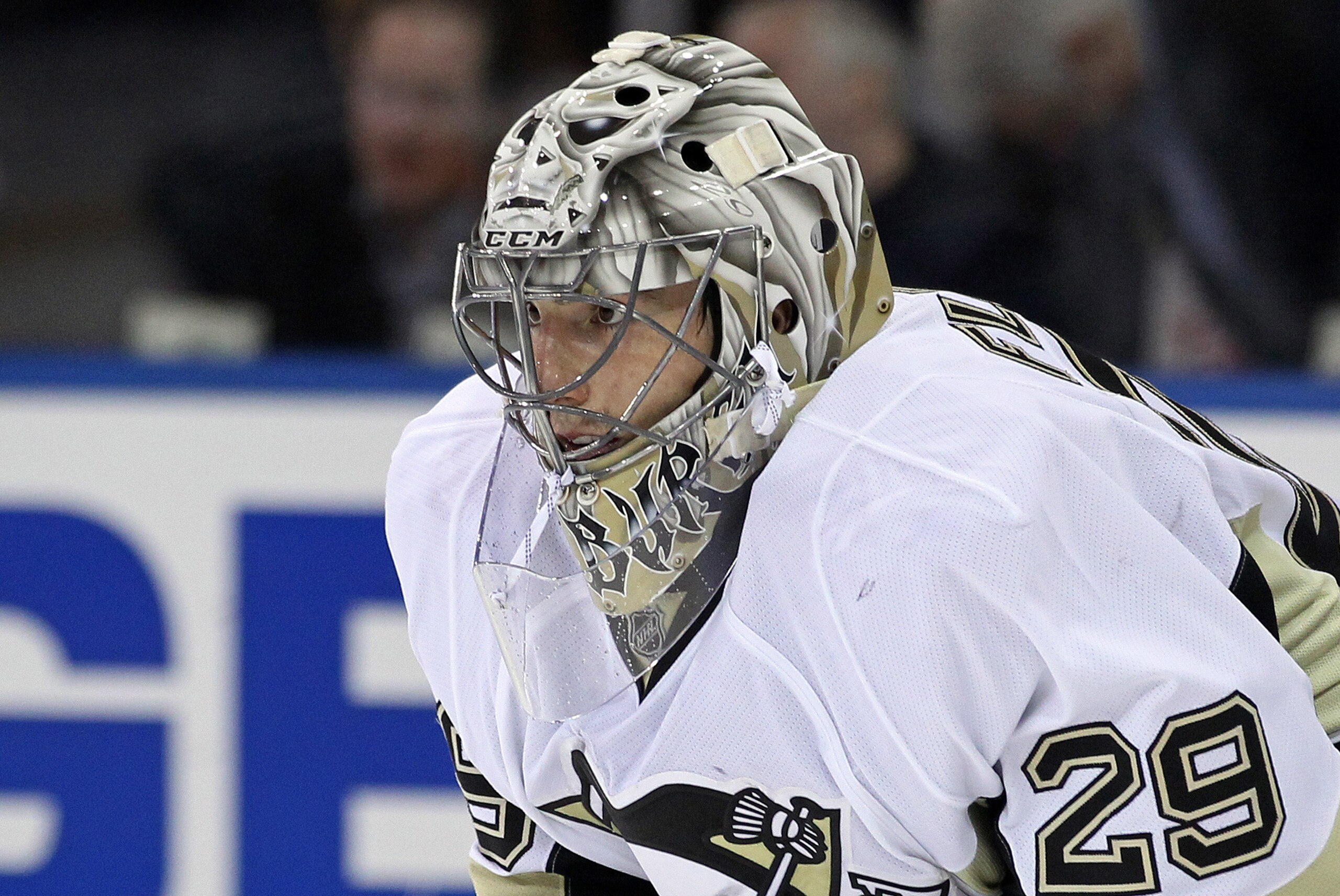 May 7, 2014; New York, NY, USA; Pittsburgh Penguins goalie Marc-Andre Fleury (29) in action against the New York Rangers during the second period in game four of the second round of the 2014 Stanley Cup Playoffs at Madison Square Garden. Mandatory Credit: Adam Hunger-USA TODAY Sports