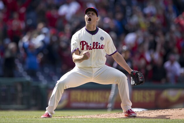 PHILADELPHIA, PA - APRIL 17: Closer Jonathan Papelbon #58 of the Philadelphia Phillies reacts after earning a save against the Atlanta Braves on April 17, 2014 at Citizens Bank Park in Philadelphia, Pennslyvania. (Photo by Mitchell Leff/Getty Images)