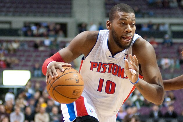 Feb 12, 2014; Auburn Hills, MI, USA; Detroit Pistons power forward Greg Monroe (10) during the first quarter against the Cleveland Cavaliers at The Palace of Auburn Hills. Mandatory Credit: Tim Fuller-USA TODAY Sports