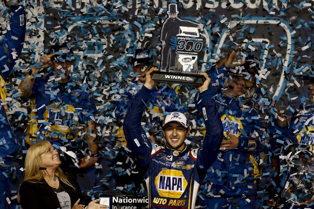 JOLIET, IL- JULY 19 :  Chase Elliott, driver of the #9 NAPA Auto Parts Chevrolet,  celebrates in victory lane after winning during the NASCAR Nationwide Series EnjoyIllinios.com 300 at Chicagoland Speedway on July 19, 2014 in Joliet, Illinois.  (Photo by Jeff Zelevansky/Getty Images)