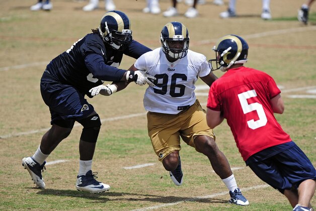 Jun 17, 2014; St. Louis, MO, USA; St. Louis Rams defensive end Michael Sam (96) runs through drills during minicamp at Rams Park. Mandatory Credit: Jeff Curry-USA TODAY Sports Jun 17, 2014; St. Louis, MO, USA; St. Louis Rams defensive end Michael Sam (96) runs through drills during minicamp at Rams Park. Mandatory Credit: Jeff Curry-USA TODAY Sports