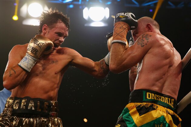 SYDNEY, AUSTRALIA - FEBRUARY 19:  Daniel Geale punches Garth Wood during the I.B.F. Middleweight Pan Pacific title bout between Garth Wood of Australia and Daniel Geale of Australia at the Hordern Pavilion on February 19, 2014 in Sydney, Australia.  (Photo by Mark Kolbe/Getty Images)