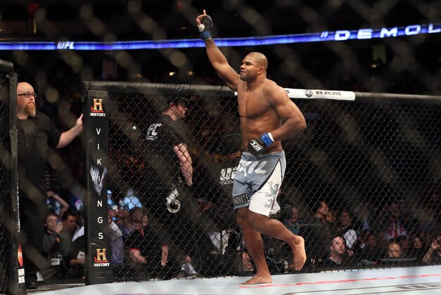 Feb 1, 2014; Newark, NJ, USA; Alistair Overeem (blue gloves) before his fight against Frank Mir (not pictured) during UFC169 at Prudential Center. Mandatory Credit: Joe Camporeale-USA TODAY Sports