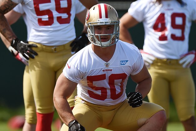 SANTA CLARA, CA - MAY 23:  Chris Borland #50 of the San Francisco 49ers participates in drills during 49ers Rookie Minicamp on May 23, 2014 in Santa Clara, California.  (Photo by Thearon W. Henderson/Getty Images)