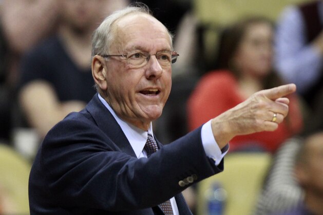 Syracuse coach Jim Boeheim, right, yells instructions  during the first half  of an East Regional NCAA tournament third-round college basketball game in Pittsburgh, Saturday, March 17, 2012. Syracuse won 75-59. ( AP Photo/Gene J. Puskar)