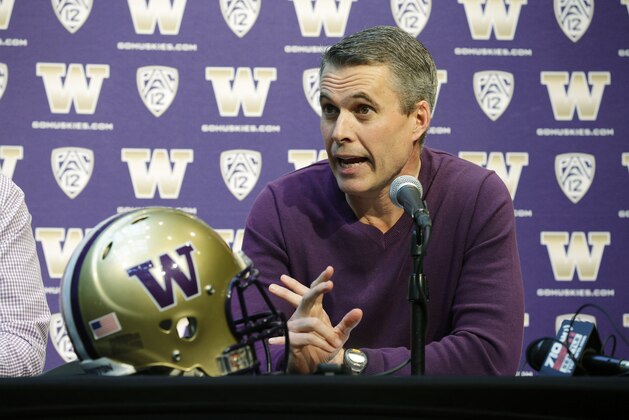 Washington head football coach Chris Petersen talks to reporters Monday, March 3, 2014, in Seattle. Washington begins spring NCAA college football practice on Tuesday, March 4, 2014. (AP Photo/Ted S. Warren)
