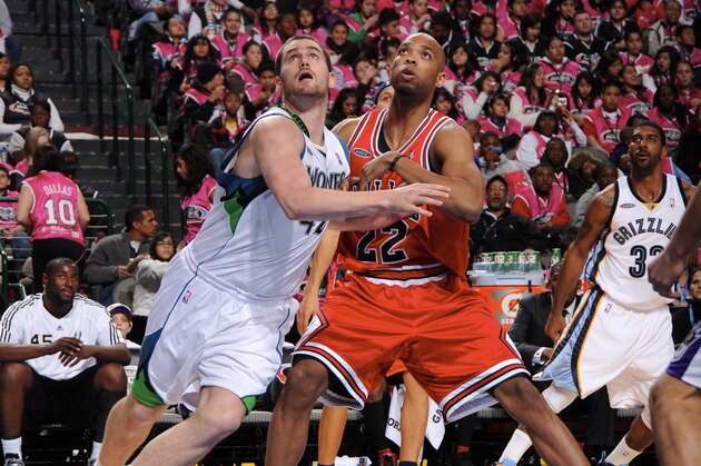 DALLAS - FEBRUARY 12: Kevin Love #42 of the Sophmore team fights for position against Taj Gibson #22 of the Rookie team during 2009 T-Mobile Rookie Challenge and Youth Jam on February 12, 2010 at the American Airlines Center in Dallas, Texas.  NOTE TO USER:User expressly acknowledges and agrees that, by downloading and/or using this Photograph, user is consenting to the terms and conditions of the Getty Images License Agreement. Mandatory Copyright Notice: Copyright 2010 NBAE (Photo by Andrew D. Bernstein/NBAE via Getty Images).