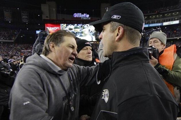 New England Patriots head coach Bill Belichick greets Baltimore Ravens head coach John Harbaugh, right, after the AFC Championship NFL football game  Sunday, Jan. 22, 2012, in Foxborough, Mass. The Patriots defeated the Ravens 23-20 to win the AFC Championship. (AP Photo/Matt Slocum)