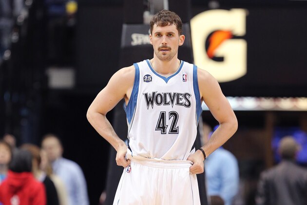 MINNEAPOLIS, MN - April 16:  Kevin Love #42 of the Minnesota Timberwolves stands on the court against the Utah Jazz on April 16, 2014 at Target Center in Minneapolis, Minnesota. NOTE TO USER: User expressly acknowledges and agrees that, by downloading and or using this Photograph, user is consenting to the terms and conditions of the Getty Images License Agreement. Mandatory Copyright Notice: Copyright 2014 NBAE (Photo by Jordan Johnson/NBAE via Getty Images)