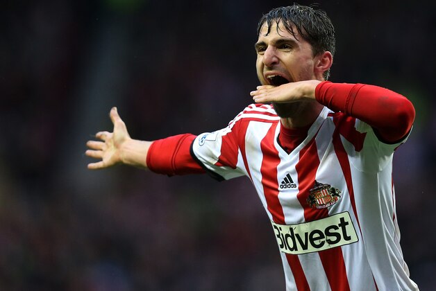 Sunderland's Fabio Borini celebrates his goal during their English Premier League soccer match against West Bromwich Albion at the Stadium of Light, Sunderland, England, Wednesday, May 7, 2014. (AP Photo/Scott Heppell)