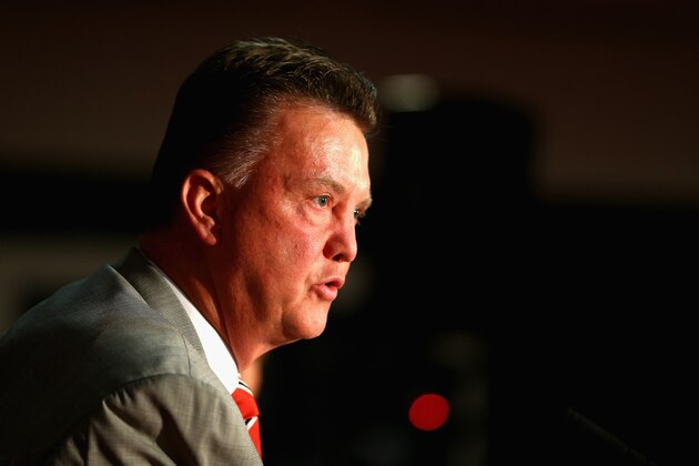 MANCHESTER, ENGLAND - JULY 17:  Louis van Gaal appears at a press conference as he is unveiled as the new Manchester United manager at Old Trafford on July 17, 2014 in Manchester, England.  (Photo by Clive Mason/Getty Images)
