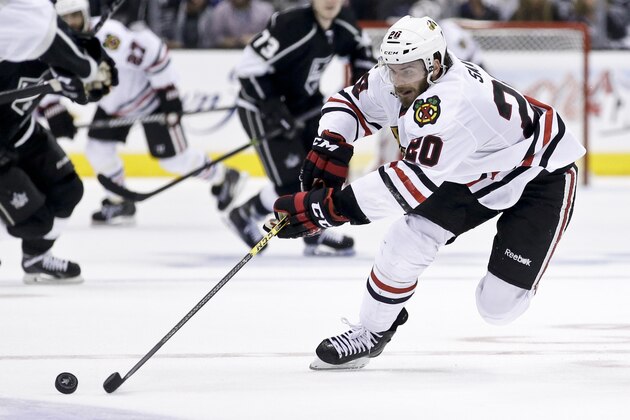Chicago Blackhawks left wing Brandon Saad skates against the Los Angeles Kings during Game 6 of the Western Conference finals of the NHL hockey Stanley Cup playoffs in Los Angeles, Friday, May 30, 2014. (AP Photo/Chris Carlson)