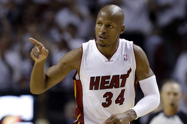 Miami Heat guard Ray Allen gestures after scoring a three-point basket during the first half Game 6 in the NBA basketball playoffs Eastern Conference finals against the Indiana Pacers, Friday, May 30, 2014, in Miami. (AP Photo/Lynne Sladky) Miami Heat guard Ray Allen gestures after scoring a three-point basket during the first half Game 6 in the NBA basketball playoffs Eastern Conference finals against the Indiana Pacers, Friday, May 30, 2014, in Miami. (AP Photo/Lynne Sladky)