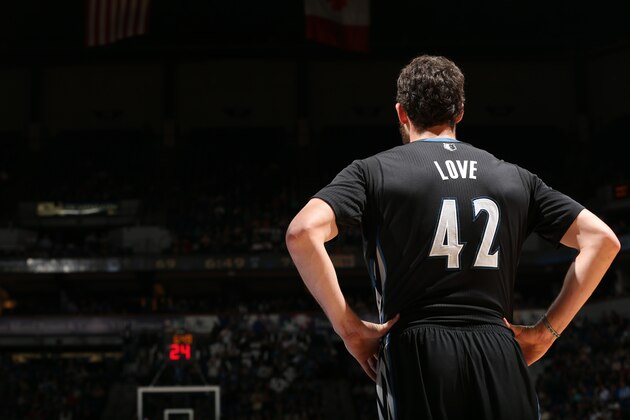 MINNEAPOLIS, MN - NOVEMBER 27: Kevin Love #42 of the Minnesota Timberwolves looks on during the game against the Denver Nuggets on November 27, 2013 at Target Center in Minneapolis, Minnesota. NOTE TO USER: User expressly acknowledges and agrees that, by downloading and or using this Photograph, user is consenting to the terms and conditions of the Getty Images License Agreement. Mandatory Copyright Notice: Copyright 2013 NBAE (Photo by David Sherman/NBAE via Getty Images)