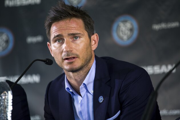 Frank Lampard, of England, answers a question after being introduced as a member of the MLS expansion club New York City FC,  Thursday, July 24, 2014, in New York. (AP Photo/Craig Ruttle)
