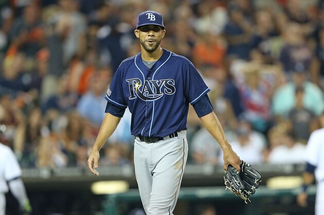 DETROIT, MI - JULY 06:  David Price #14 of the Tampa Bay Rays reacts after getting the final out of the seventh inning of the game against the Detroit Tigers at Comerica Park on July 6, 2014 in Detroit, Michigan.  (Photo by Leon Halip/Getty Images)