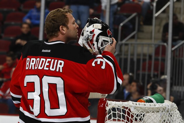 NEWARK, NJ - OCTOBER 29:   Martin Brodeur #30 of the New Jersey Devils stands in goal against the Tampa Bay Lightning at the Prudential Center on October 29, 2013 in Newark, New Jersey. (Photo by Jeff Zelevansky/Getty Images)