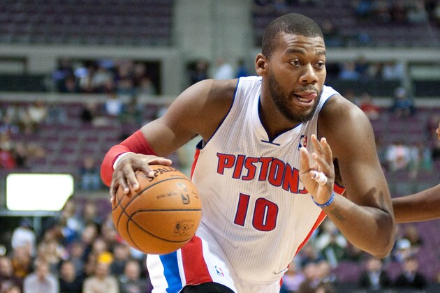 Feb 12, 2014; Auburn Hills, MI, USA; Detroit Pistons power forward Greg Monroe (10) during the first quarter against the Cleveland Cavaliers at The Palace of Auburn Hills. Mandatory Credit: Tim Fuller-USA TODAY Sports