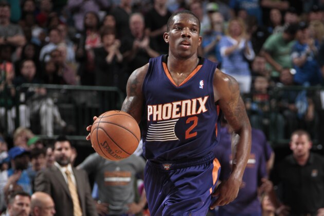 DALLAS, TX - APRIL 12: Eric Bledsoe #2 of the Phoenix Suns moves the ball up-court against the Dallas Mavericks on April 12, 2014 at the American Airlines Center in Dallas, Texas. NOTE TO USER: User expressly acknowledges and agrees that, by downloading and or using this photograph, User is consenting to the terms and conditions of the Getty Images License Agreement. Mandatory Copyright Notice: Copyright 2014 NBAE (Photo by Danny Bollinger/NBAE via Getty Images)