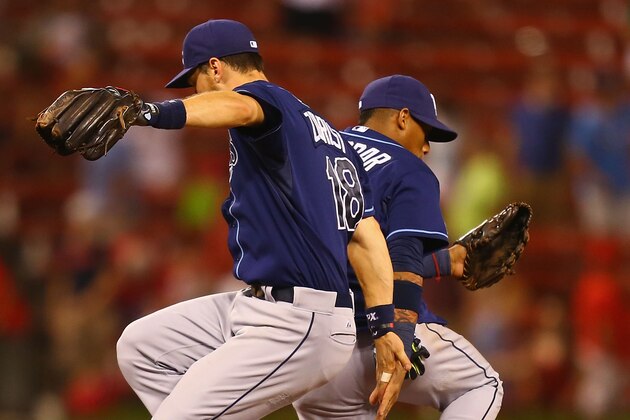 ST. LOUIS, MO - JULY 22: Ben Zobrist #18 and Yunel Escobar #11 of the Tampa Bay Rays celebrate after beating the St. Louis Cardinals at Busch Stadium on July 22, 2014 in St. Louis, Missouri.  The Rays beat the Cardinals 7-2.  (Photo by Dilip Vishwanat/Getty Images)