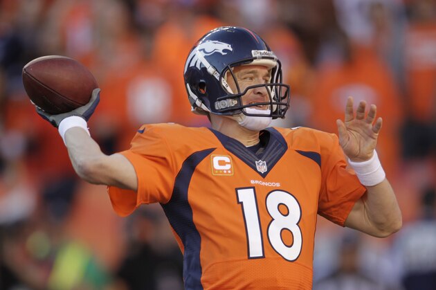 Denver Broncos quarterback Peyton Manning (18) passes the ball during the second half of the AFC Championship NFL playoff football game against the New England Patriots in Denver, Sunday, Jan. 19, 2014. (AP Photo/Joe Mahoney)