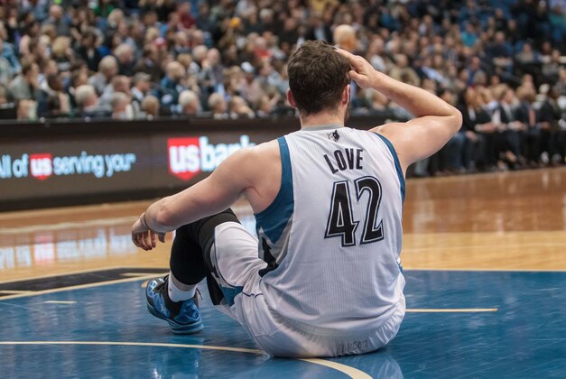 Feb 4, 2014; Minneapolis, MN, USA; Minnesota Timberwolves power forward Kevin Love (42) against the Los Angeles Lakers at Target Center. Mandatory Credit: Brad Rempel-USA TODAY Sports