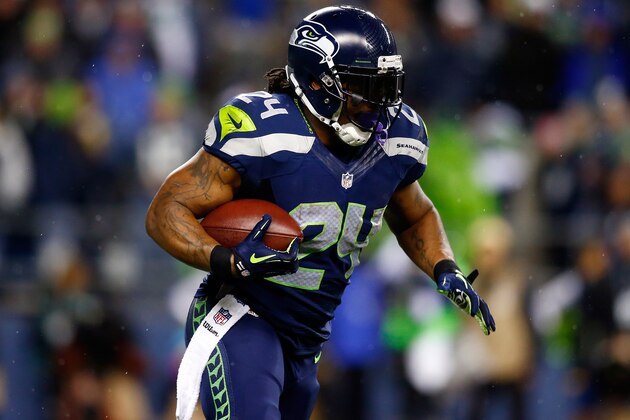 SEATTLE, WA - DECEMBER 02: Running back Marshawn Lynch #24 of the Seattle Seahawks carries the ball against the New Orleans Saints during a game at CenturyLink Field on December 2, 2013 in Seattle, Washington.  (Photo by Jonathan Ferrey/Getty Images)
