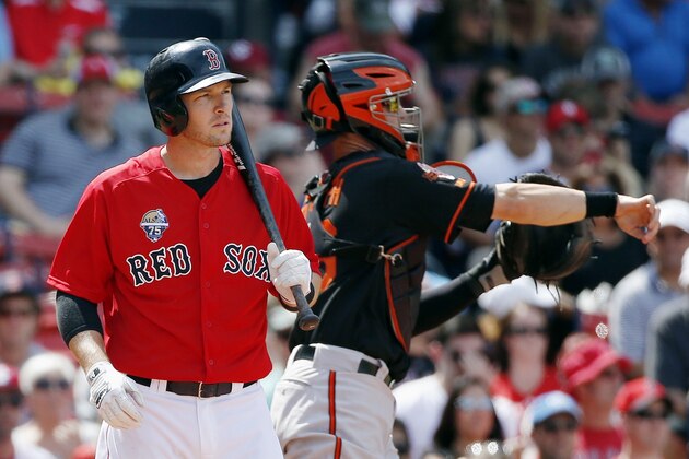 Boston Red Sox's Stephen Drew, left, walks away in front of Baltimore Orioles' Caleb Joseph after striking out in the seventh inning of the first game of a baseball doubleheader in Boston, Saturday, July 5, 2014. (AP Photo/Michael Dwyer)