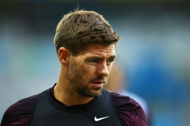 BELO HORIZONTE, BRAZIL - JUNE 23: Steven Gerrard of England looks on during an England training session ahead of the 2014 FIFA World Cup Brazil Group D match against Costa Rica at Estadio Mineirao on June 23, 2014 in Belo Horizonte, Brazil.  (Photo by Richard Heathcote/Getty Images)