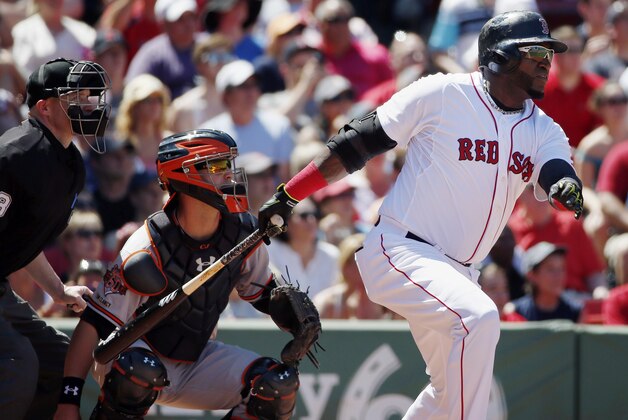 Boston Red Sox's David Ortiz, right, follows through on a double in front of Baltimore Orioles' Caleb Joseph in the fourth inning of a baseball game in Boston, Sunday, July 6, 2014. (AP Photo/Michael Dwyer) Boston Red Sox's David Ortiz, right, follows through on a double in front of Baltimore Orioles' Caleb Joseph in the fourth inning of a baseball game in Boston, Sunday, July 6, 2014. (AP Photo/Michael Dwyer)