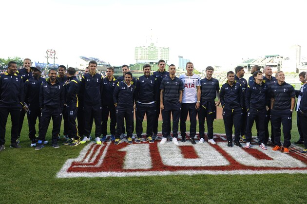 CHICAGO, IL - JULY 24: The Tottenham Hotspur Football Club takes a team photo before the game between the Chicago Cubs and the San Diego Padres on July 24, 2014 at Wrigley Field in Chicago, Illinois. (Photo by David Banks/Getty Images)